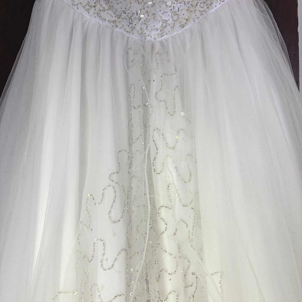 White Beaded Tulle Ball Gown Wedding Dress Basque Waist Strapless Size 12 Flaws - Picture 5 of 16
